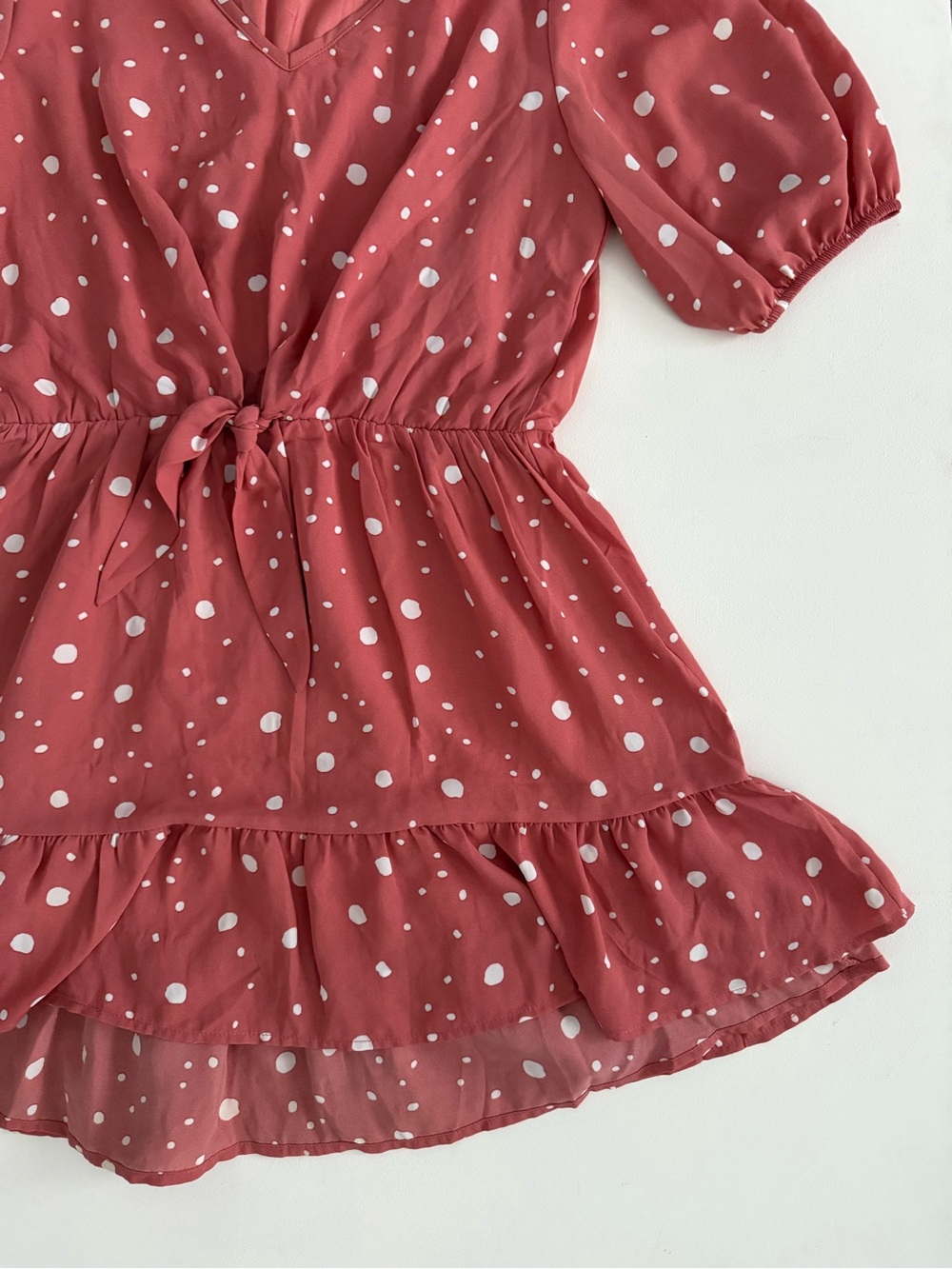 Sienna Sky Deep Blush & White Polka Dot Tie Waist Mini Dress / Puff Sleeve / - Picture 7 of 7